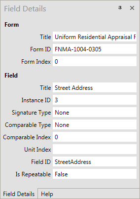 Appraise-It Pro's Field Details pane in a static form